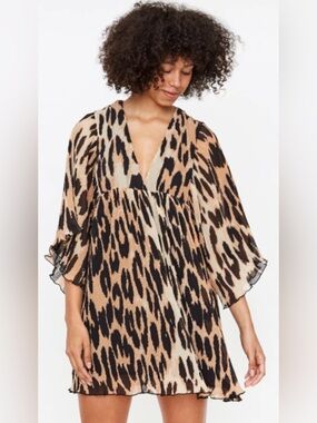 Ganni Pleated Oversized Leopard Mini Dress